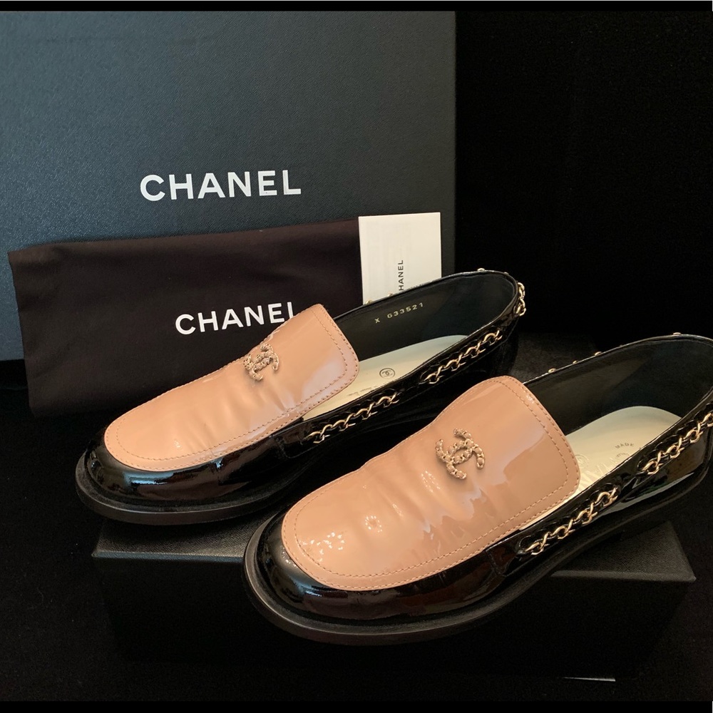 CHANEL Patent Leather Chain Loafers, 9B